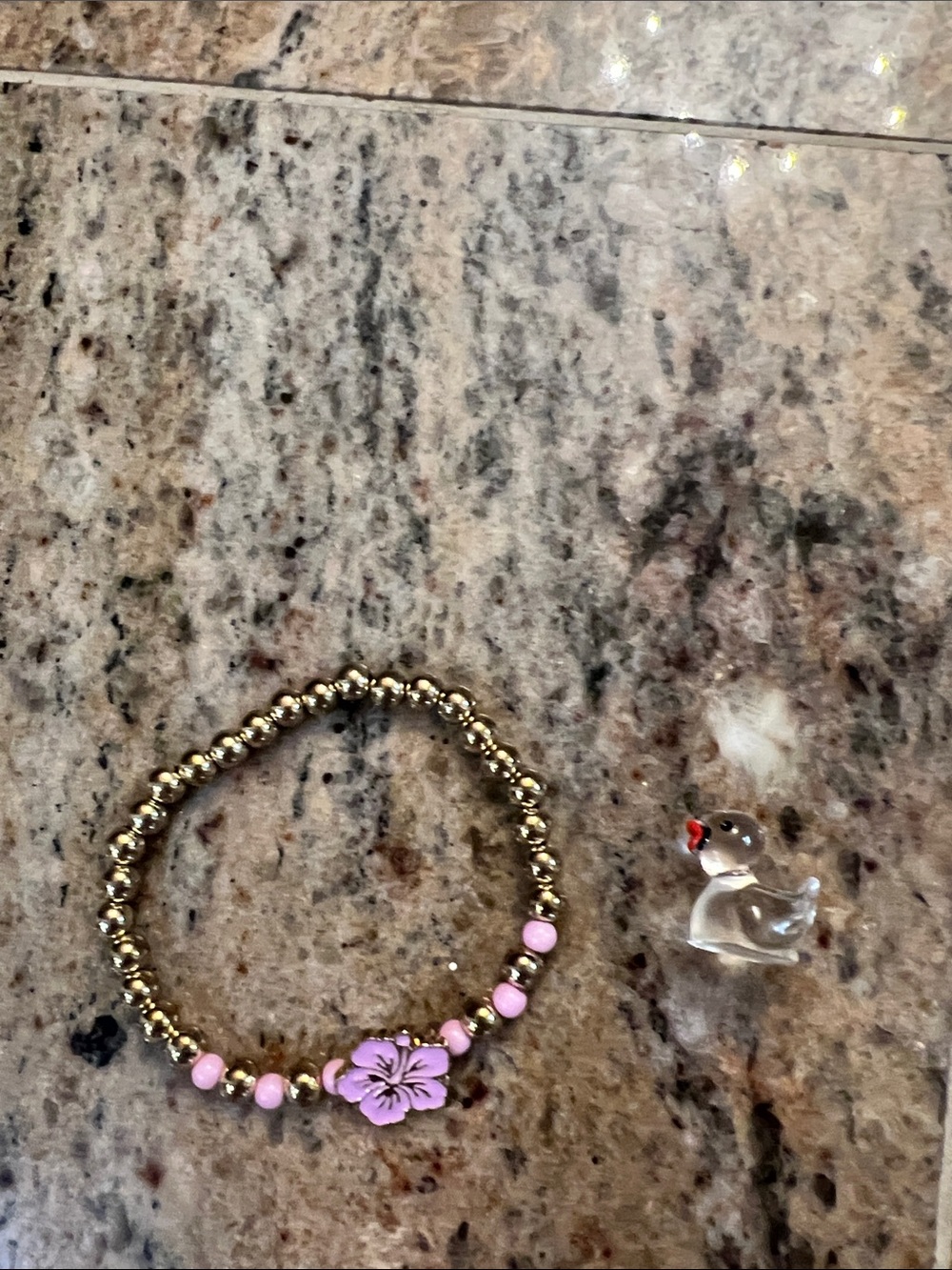 Gold Beaded Bracelet with Pink Flower Accent - Women Jewelry